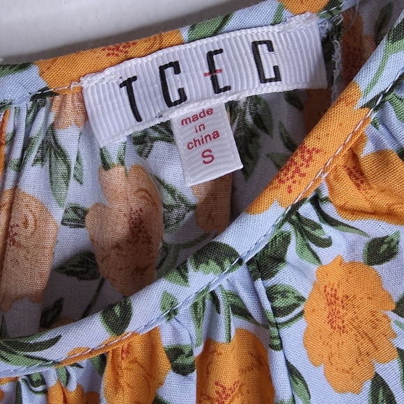 ​TCEC 100% Cotton Floral Maxi Dress S Orange Blue Puff Sleeve Tiered Summer - Picture 5 of 8